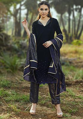 Blue Embroidered Velvet Sophia Kurta Set