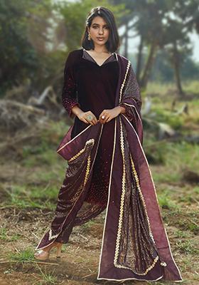 Wine Embroidered Velvet Sophia Kurta Set