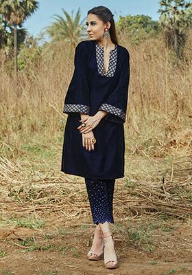 Blue Sequin Embroidered Velvet Anne Kurta Set
