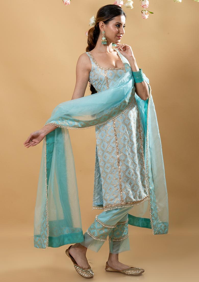 Blue Brocade Embroidered Kala Suit Set - Indya