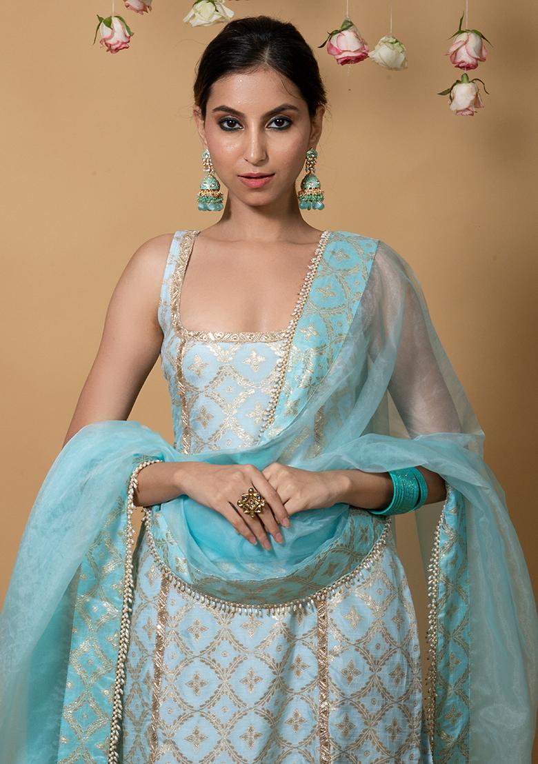 Blue Brocade Embroidered Kala Suit Set - Indya