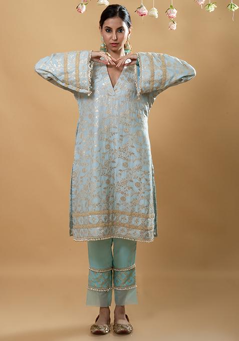 Blue Brocade Embroidered Meena Pakistani Kurta Set