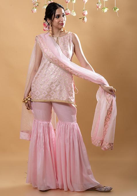 Pink Brocade Embroidered Heera Suit Set