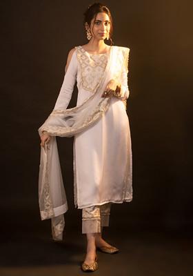 White And Gold Embroidered Emily Kurta Set
