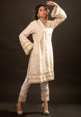 White And Gold Brocade Embroidered Gracy Pakistani Kurta Set