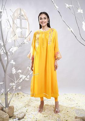 Mango Yellow Embroidered Patchwork Chanderi Kurta Set