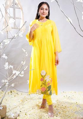 Yellow Embroidered Patchwork Chanderi Kurta Set