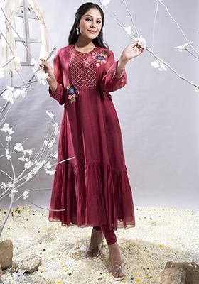 Maroon Embroidered Patchwork Chanderi Kurta Set
