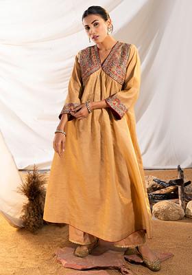 Beige Mulmul Cotton Embroidered Kurta Set