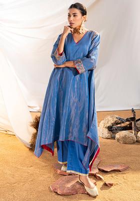 Blue Mulmul Cotton Embroidered Kurta Set
