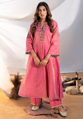 Pink Mulmul Cotton Embroidered Kurta Set