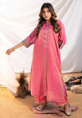 Pink Mulmul Cotton Zari Embroidered Kurta Set
