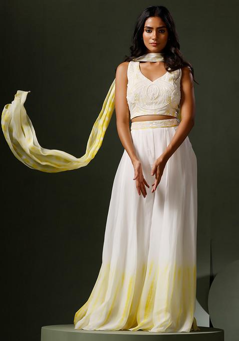 White And Yellow Embroidered Crop Top And High Waisted Sharara Set