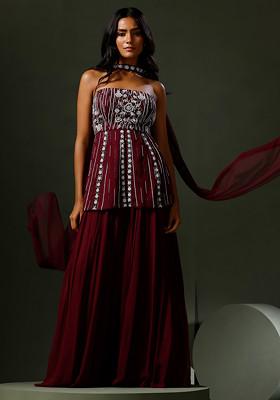 Wine Embroidered Peplum Tube Top And Sharara Set