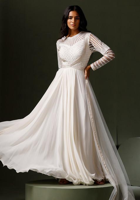 White Lace And Crystal Embellished Anarkali Set