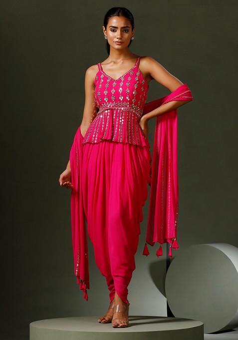 Hot Pink Mirror Embroidered Peplum Top And Dhoti Set