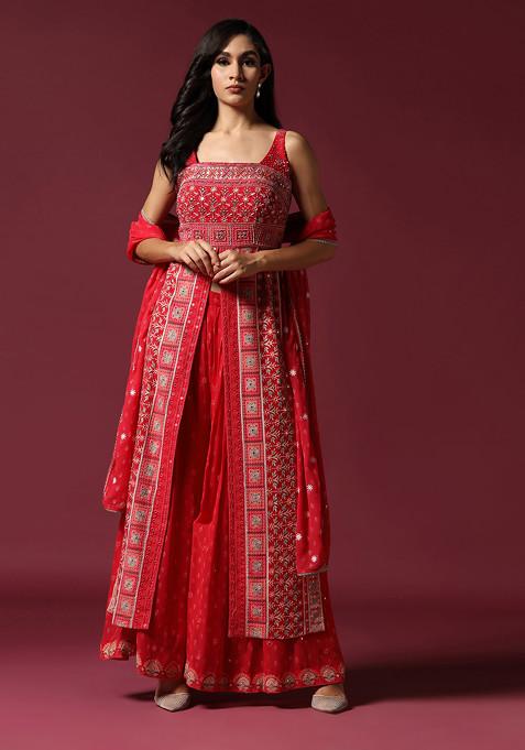 Red Printed And Embroidered Sharara Set