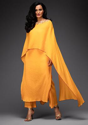 Amber Yellow Embroidered Cotton Kurta Set