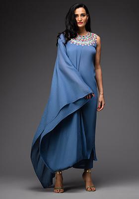 Blue Embroidered Cotton Kurta Set