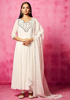Ivory Embroidered Kalidar Kurta Set
