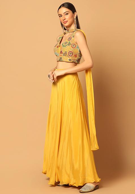 Mustered Yellow Gajji Silk Embroidered Sharara Set with Elasticated Waist Pant and Dupatta