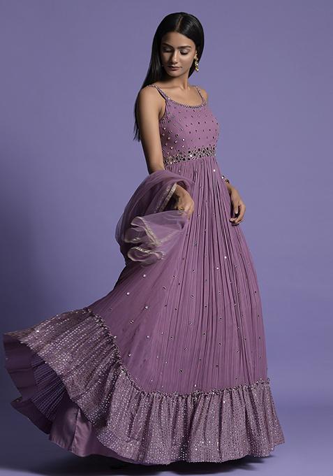 Buy Grey Pink Tikki Work Floor Length Anarkali - Clearance