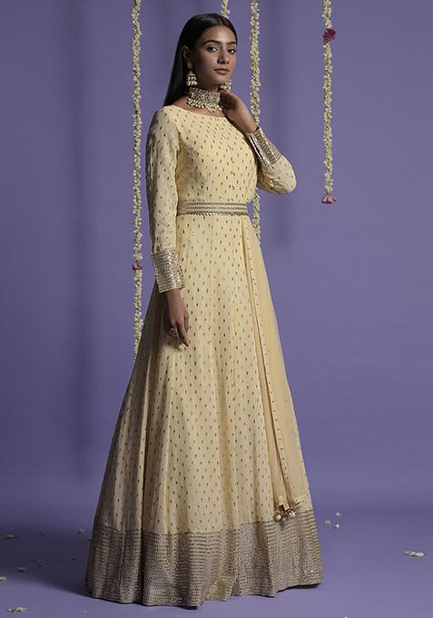 Cream Sequin Embroidered Anarkali Set