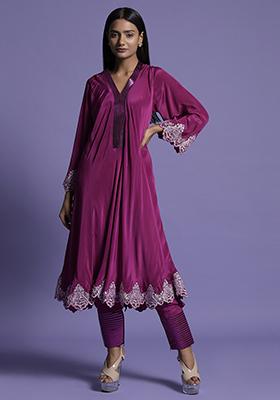 Wine Lace Work Crepe Short Anarkali Set