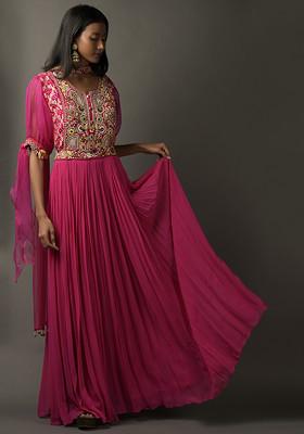 Hot Pink Resham Embroidered Anarkali Set With Bandhani Yoke