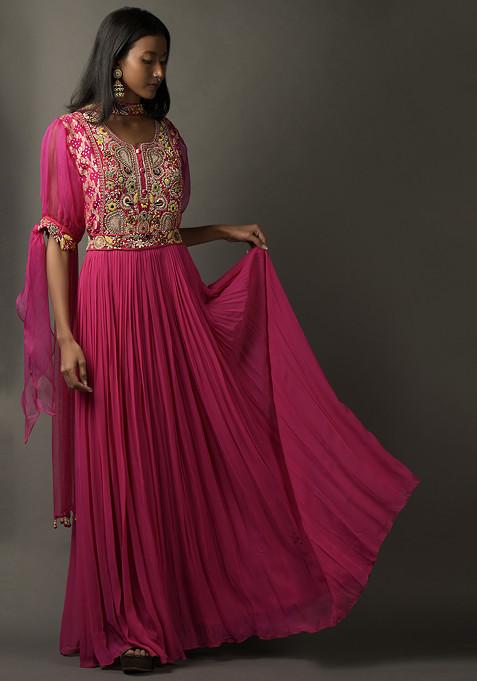 Hot Pink Resham Embroidered Anarkali Set With Bandhani Yoke