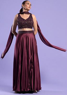 Wine Sequin Embroidered Satin Sharara Set