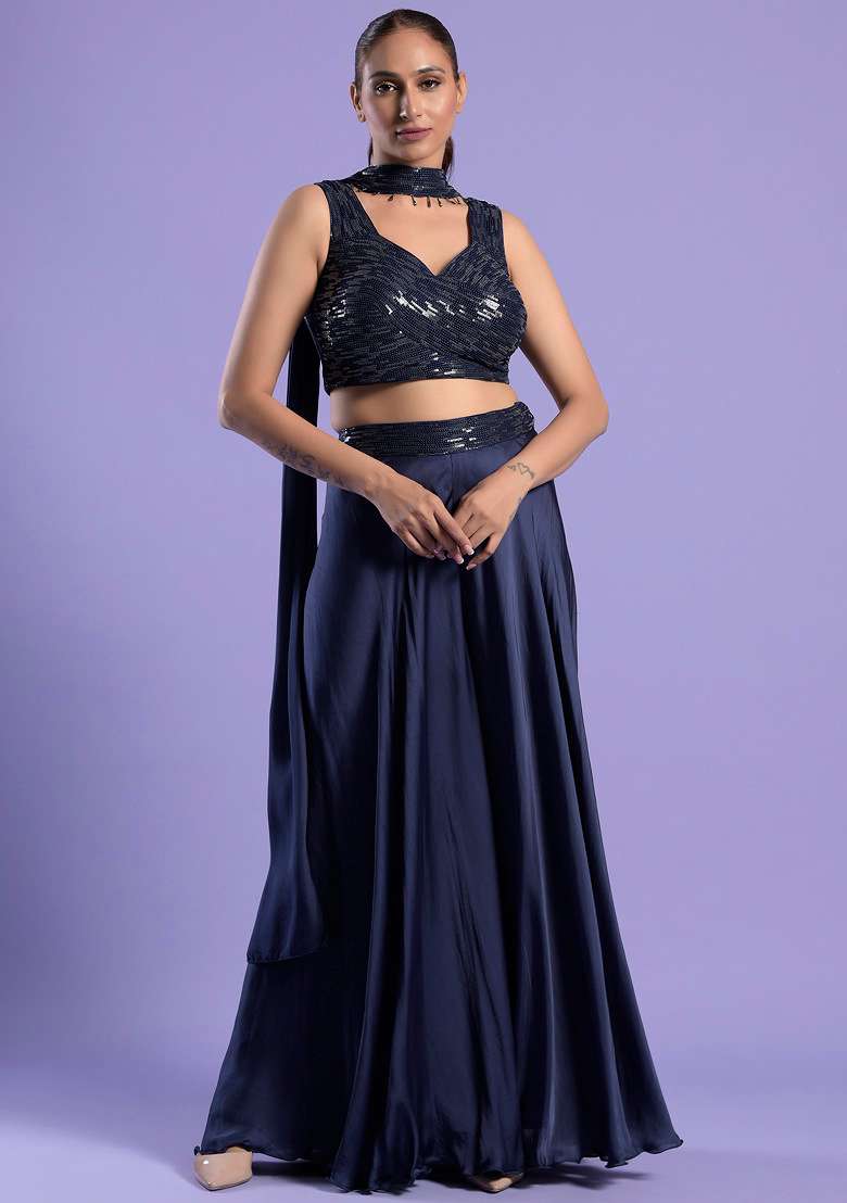 Blue Sequin Embroidered Satin Sharara Set - Indya