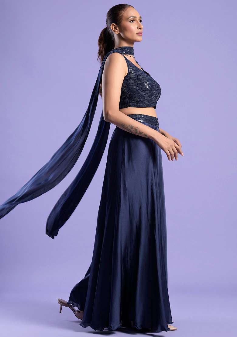 Blue Sequin Embroidered Satin Sharara Set - Indya