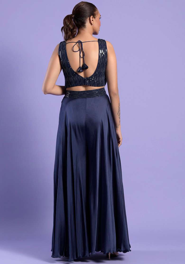 Blue Sequin Embroidered Satin Sharara Set - Indya