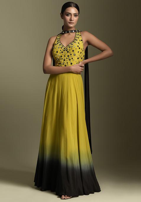 Yellow And Black Mirror Embroidered Crepe Anarkali Set