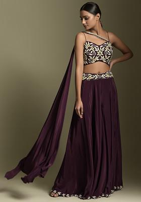 Wine Thread Work Crepe Crop Top And Palazzo Pants Set