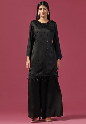 Black Tassel Detailing Kurta And Palazzo Pants Set