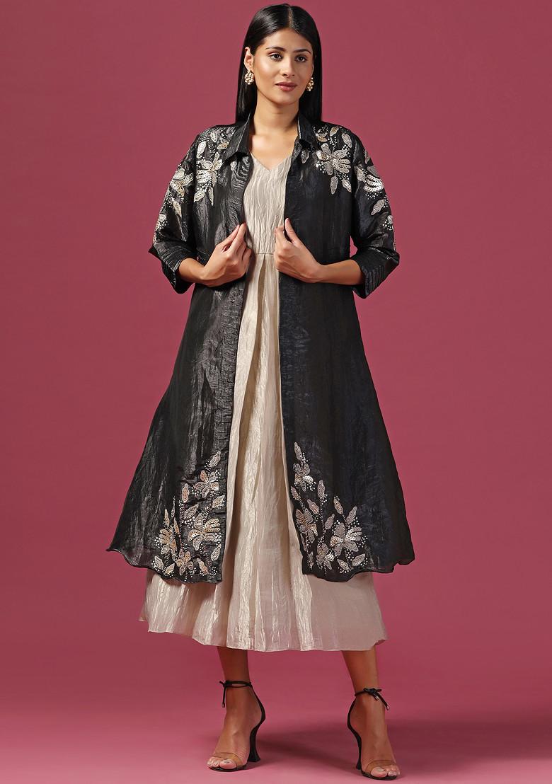 Black Sequin Embroidered Jacket Dress With Cape
