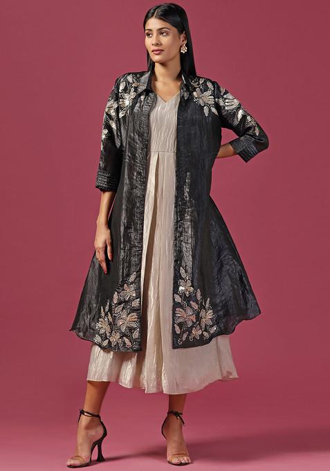 Black Sequin Embroidered Jacket Dress With Cape