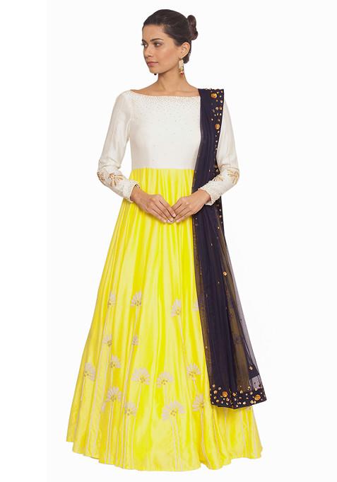 Off White And Yellow Pearl Dori Work Anarkali Suit With Sequin Embroidered Dupatta