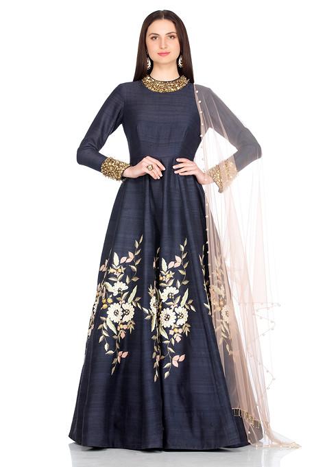 Navy Blue Bouquet Embroidered Anarkali Gown