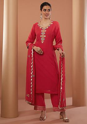 Red Zari Embroidered Georgette Kurta Set