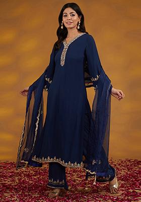 Blue Zari Embroidered Georgette Kurta Set