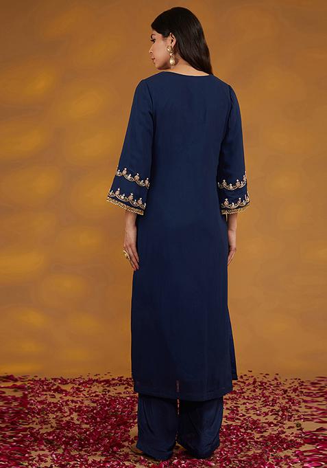 Women Blue Fox Georgette Embroidery Work Kurta Set With Dupatta