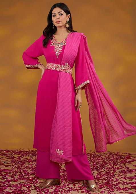 Pink Mirror Embroidered Georgette Suit Set