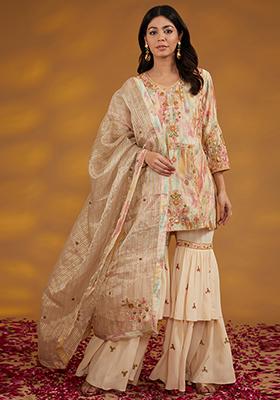 Beige Zardozi Embroidered Chanderi Silk Sharara Set