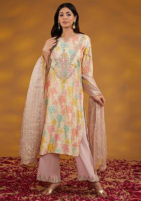 Beige Embroidered Chanderi Silk Kurta Set