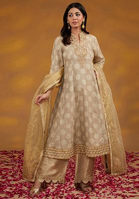 Beige Zari Embroidered Silk Kurta Set