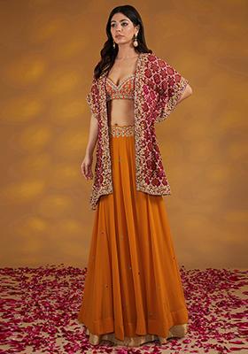 Orange Zardozi Embroidered Georgette Lehenga Set