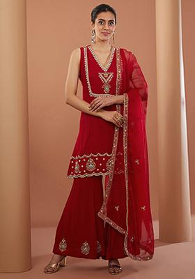 Red Zari Embroidered Organza Kurta Set
